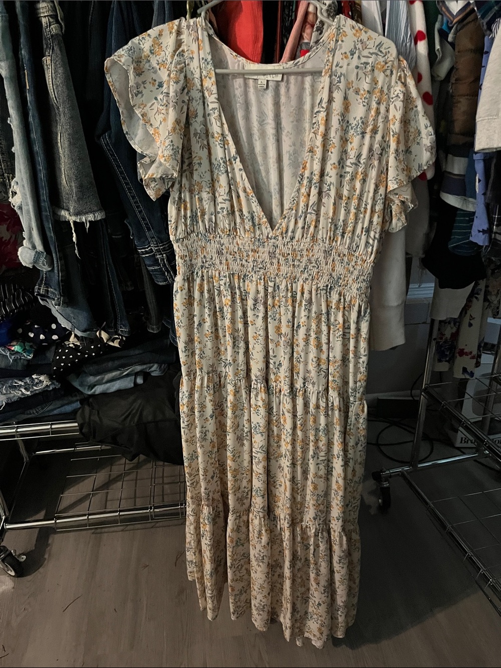 Pinch Cream Floral V-Neck Smocked Maxi Dress